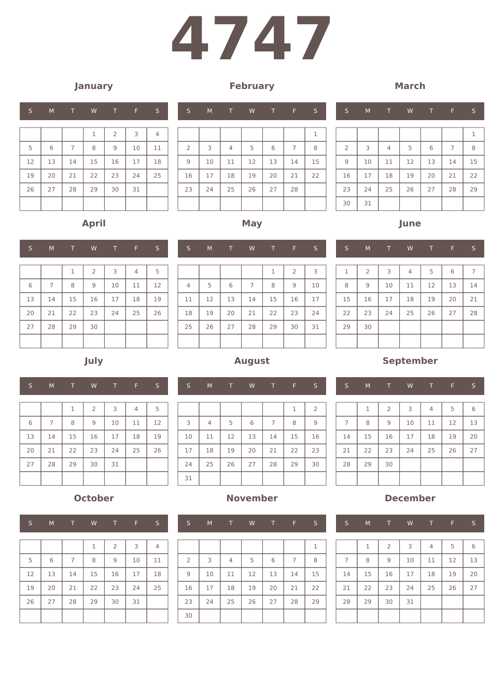 Printable 4747 Year Calendars wenge