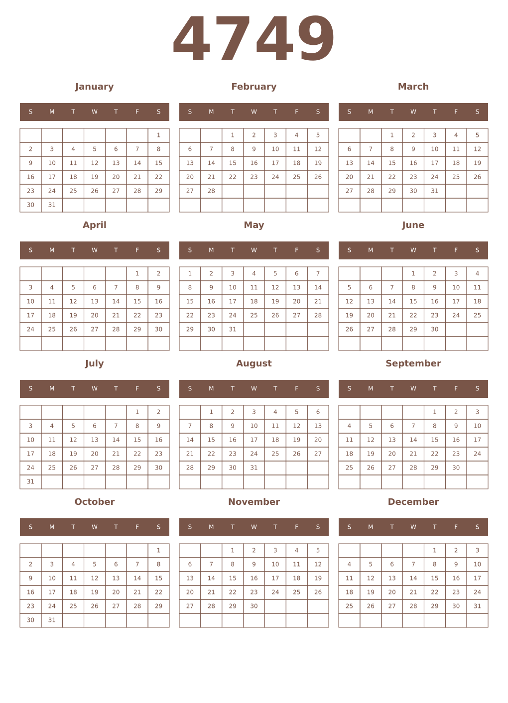 Printable 4749 Year Calendars coffe