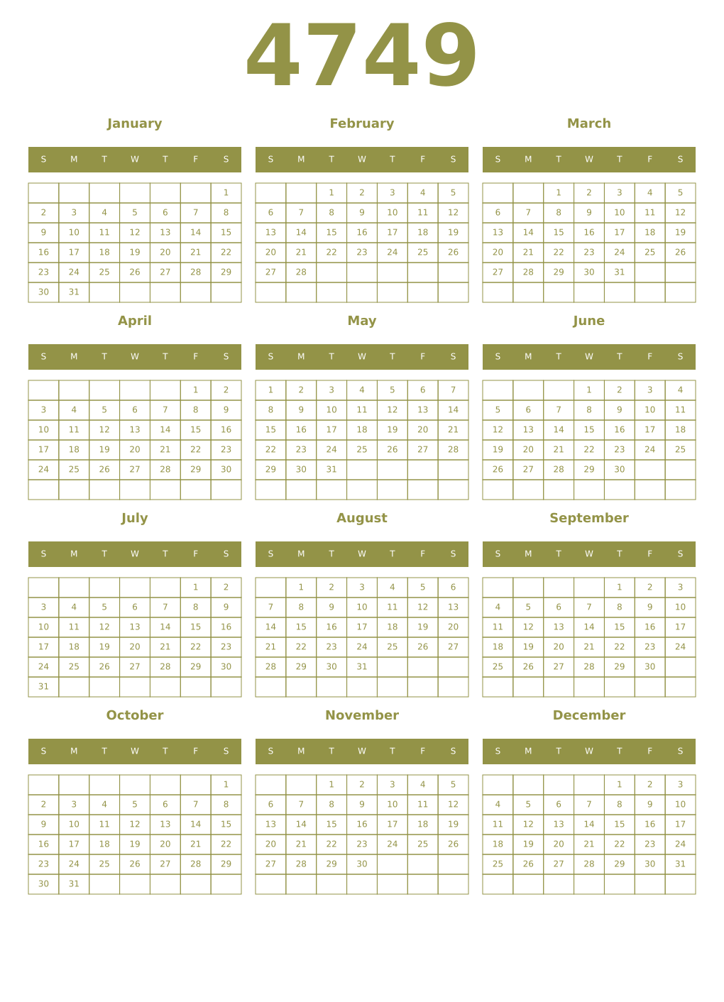 Printable 4749 Year Calendars eburnean
