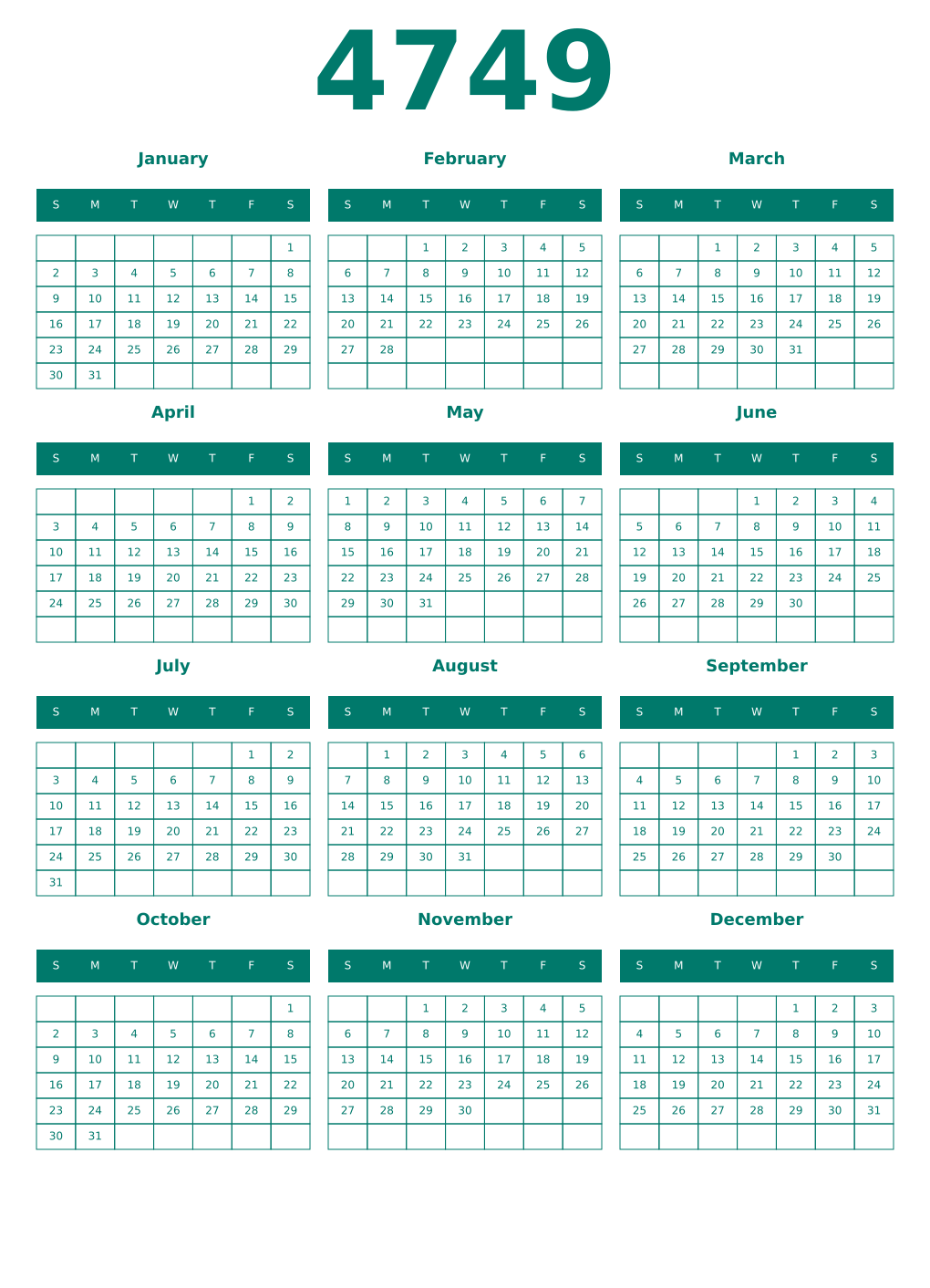 Printable 4749 Year Calendars pastel