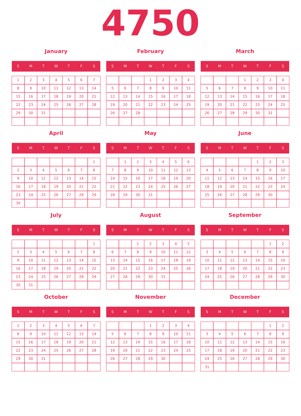 Printable 4750 Year Calendars amaranth