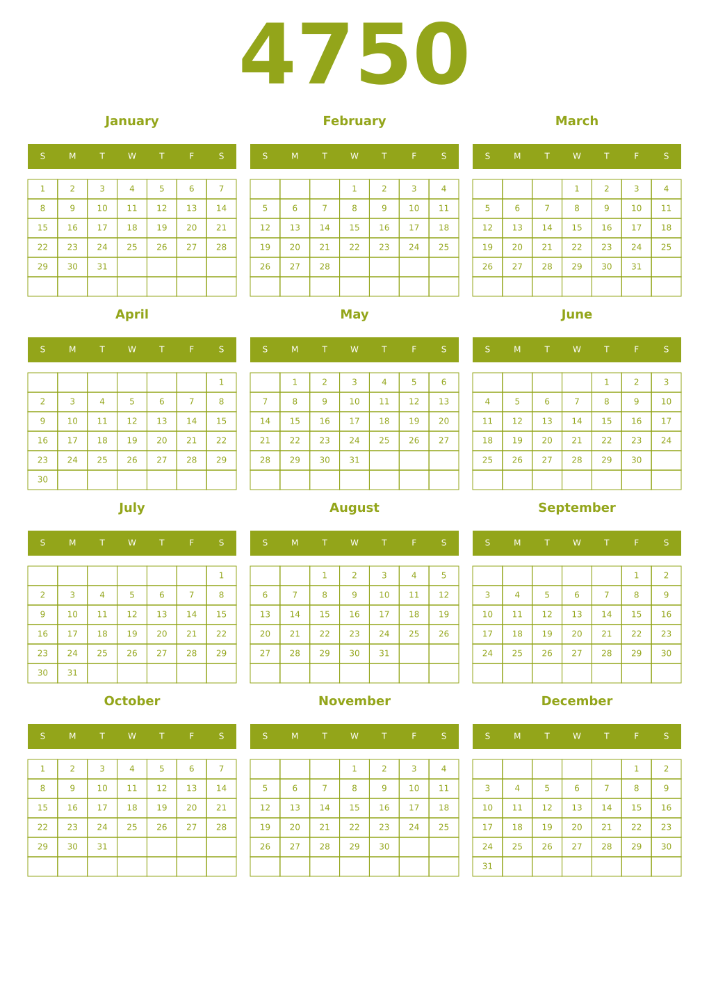 Printable 4750 Year Calendars chartreuse