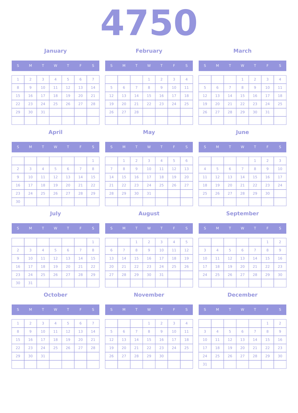 Printable 4750 Year Calendars periwinkle