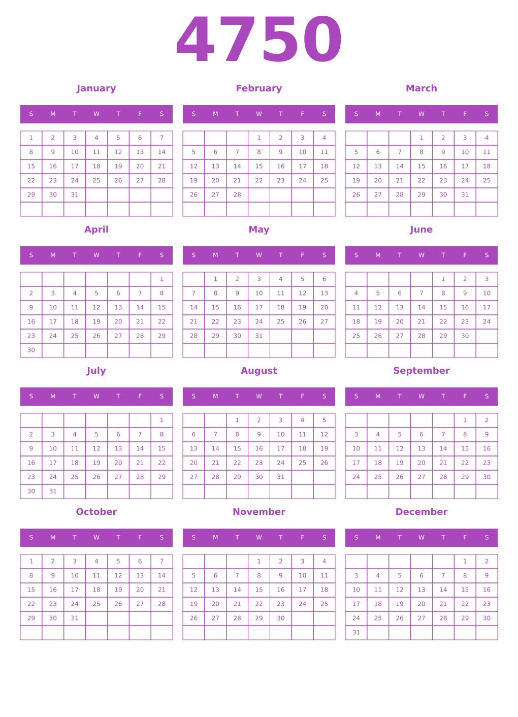 Printable 4750 Year Calendars purple