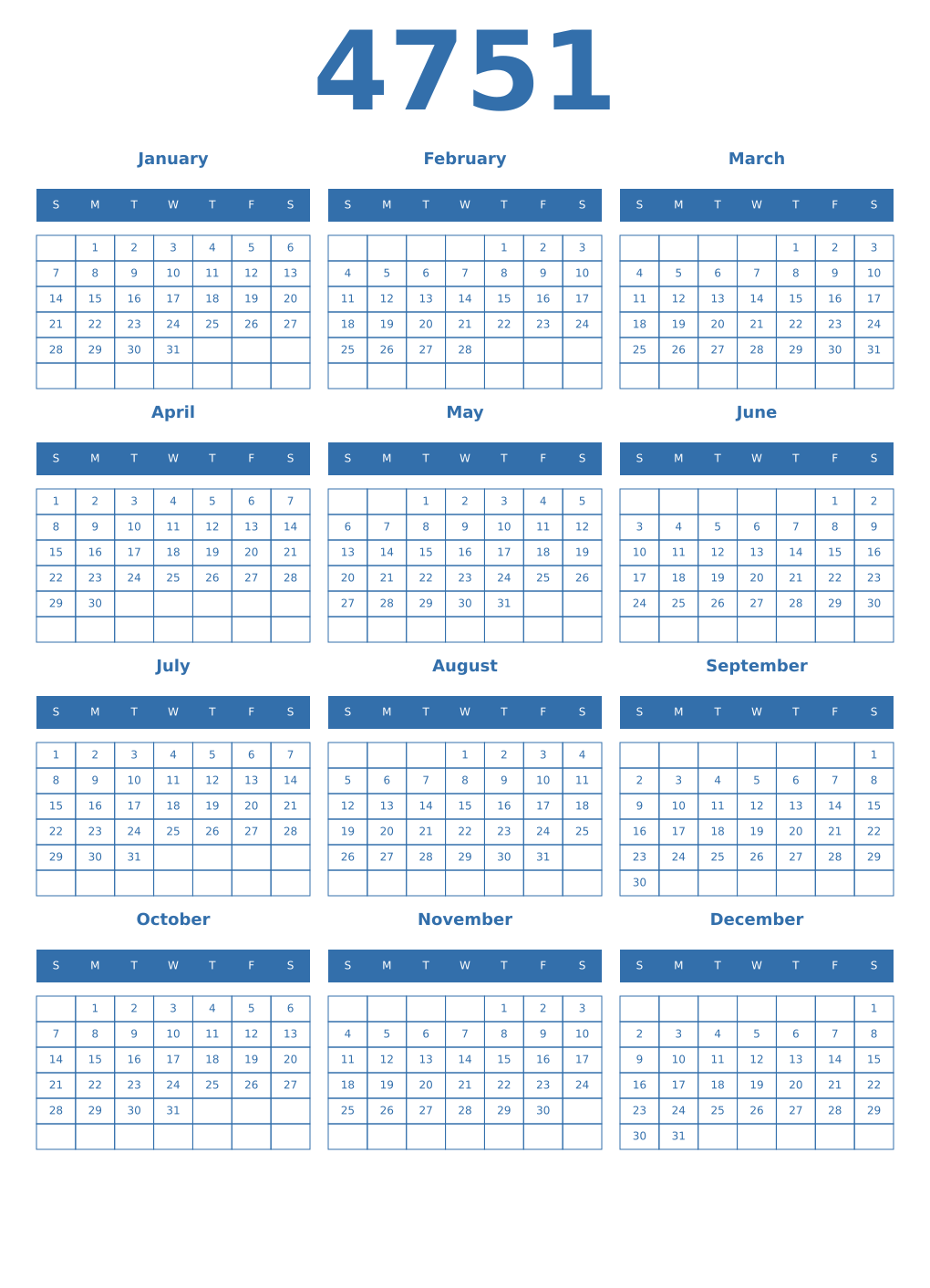 Printable 4751 Year Calendars blue