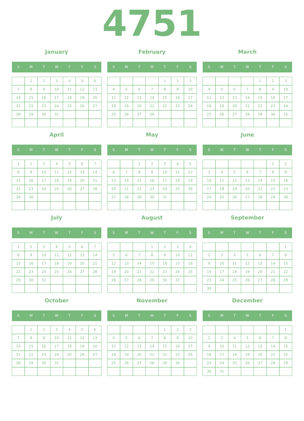 Printable 4751 Year Calendars celadon