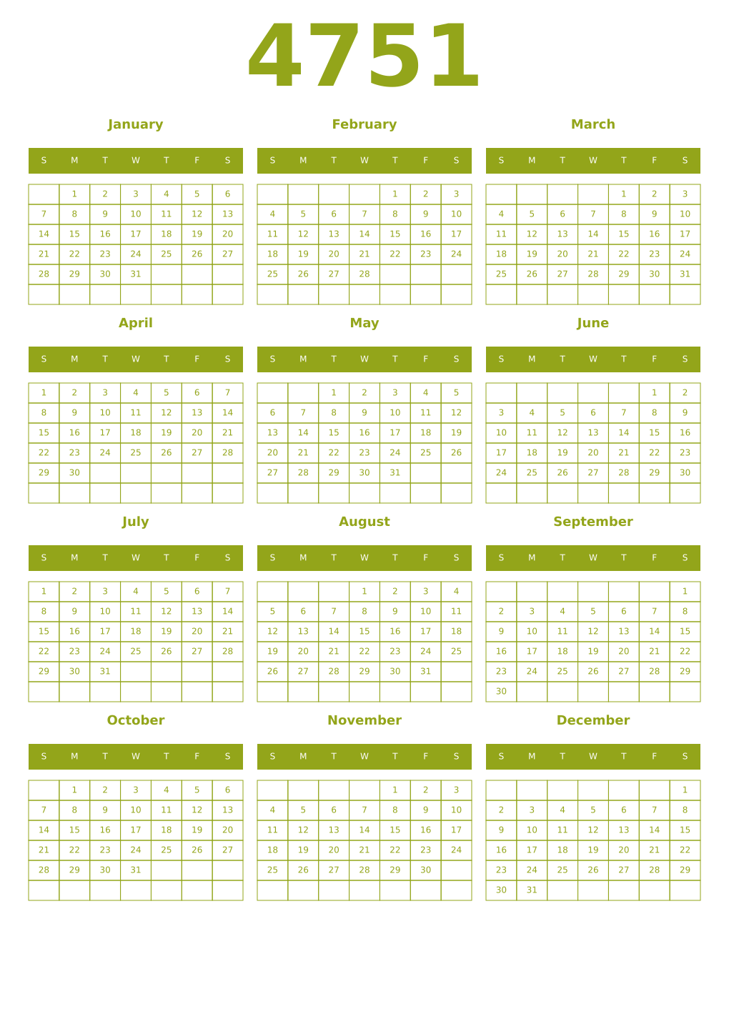 Printable 4751 Year Calendars chartreuse