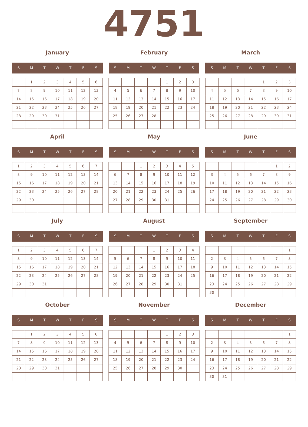 Printable 4751 Year Calendars coffe