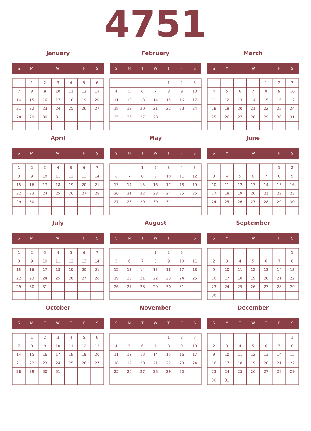 Printable 4751 Year Calendars cordovan