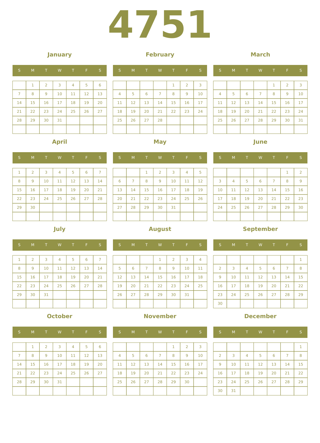 Printable 4751 Year Calendars eburnean