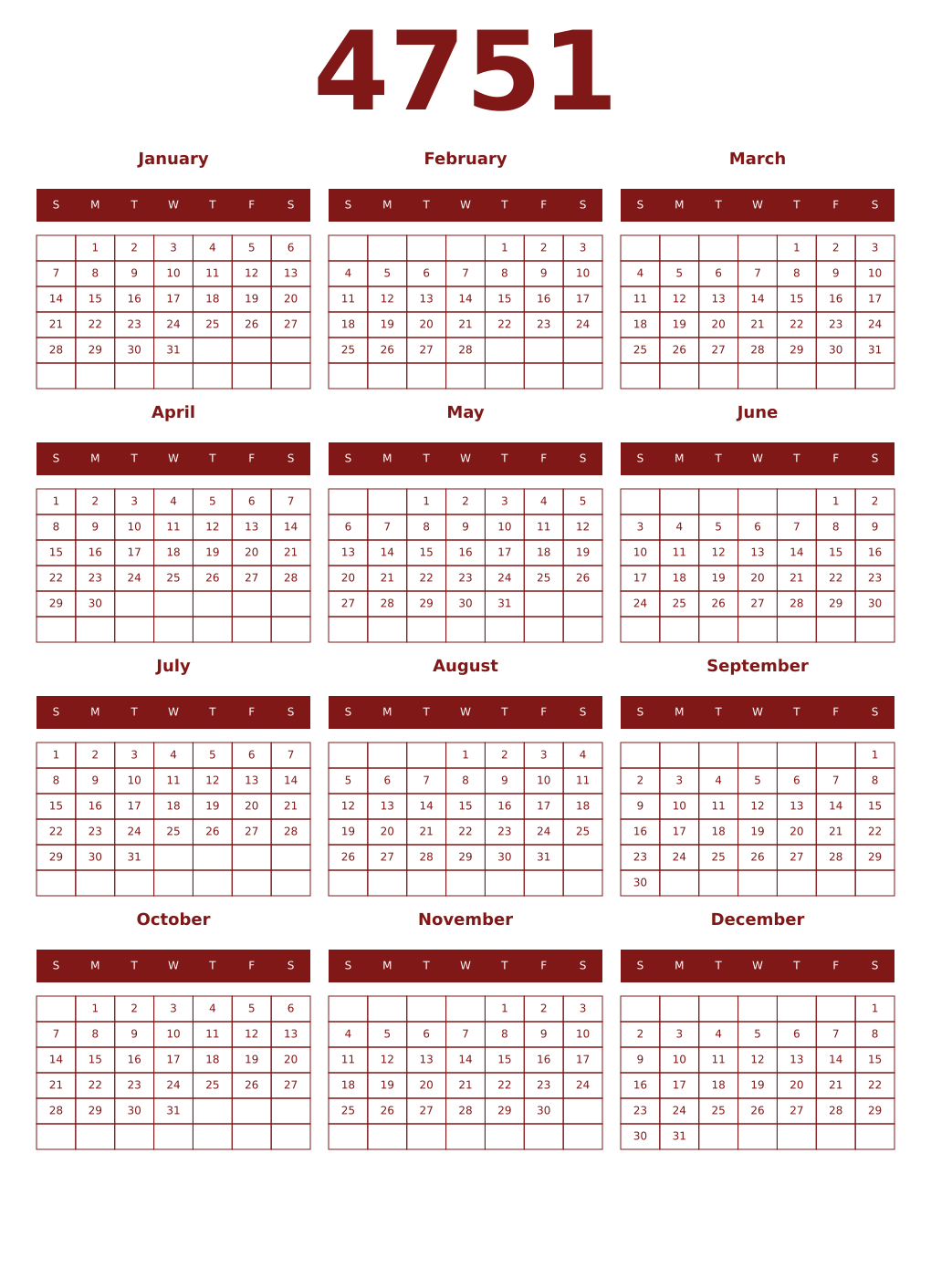 Printable 4751 Year Calendars falu