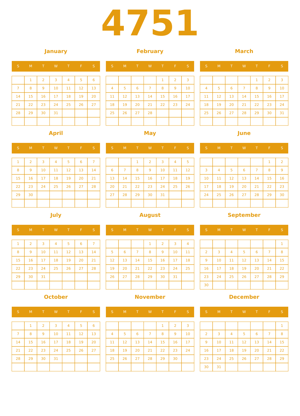 Printable 4751 Year Calendars gamboge