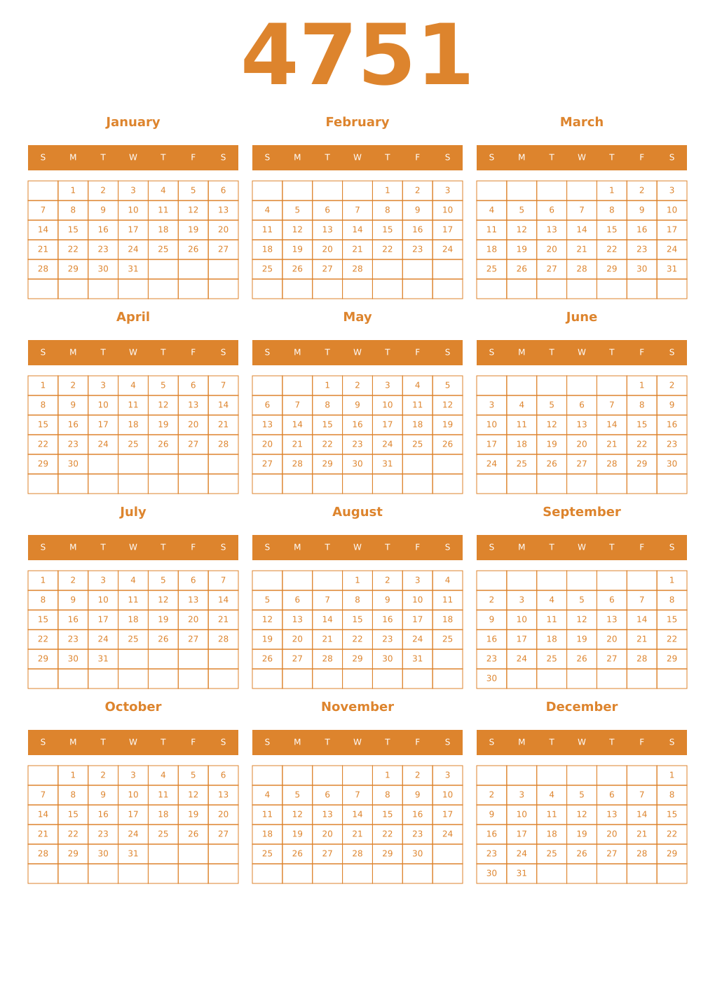 Printable 4751 Year Calendars orange