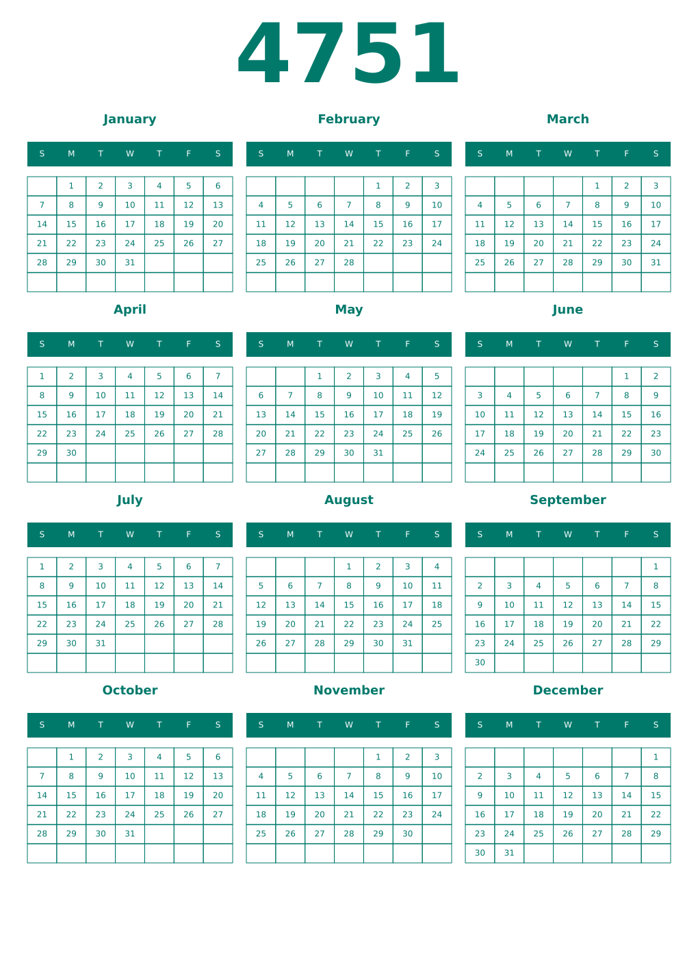 Printable 4751 Year Calendars pastel