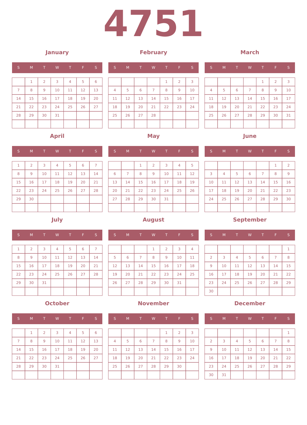 Printable 4751 Year Calendars puce