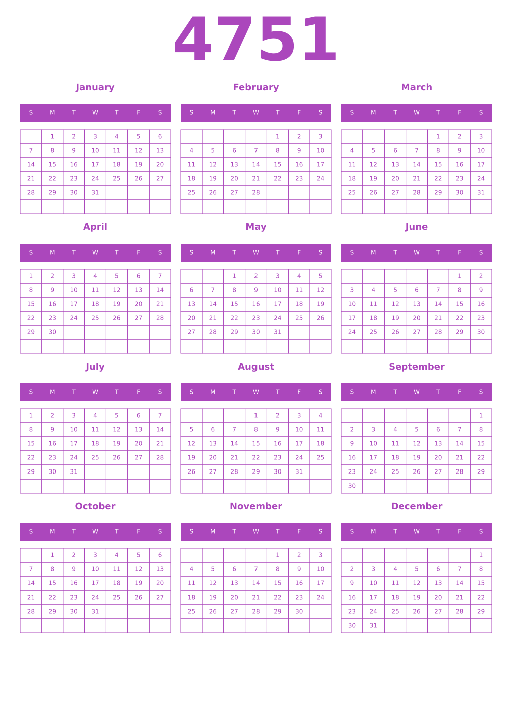 Printable 4751 Year Calendars purple