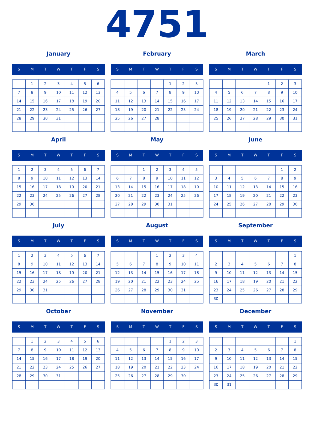 Printable 4751 Year Calendars smalt
