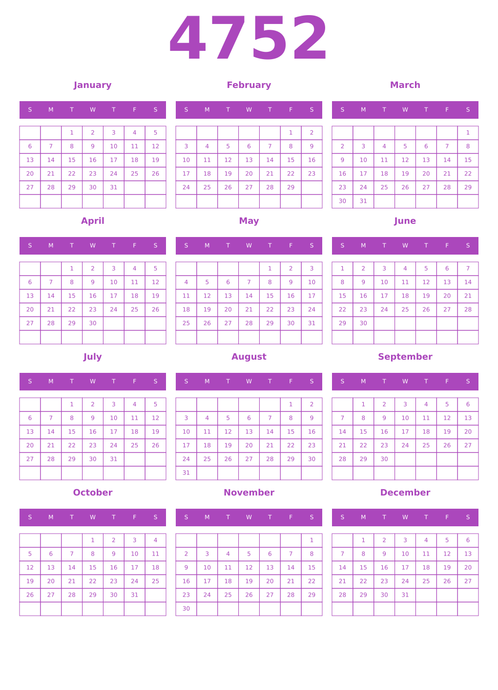 Printable 4752 Calendars