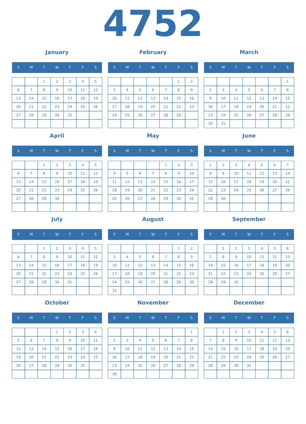 Printable 4752 Year Calendars blue