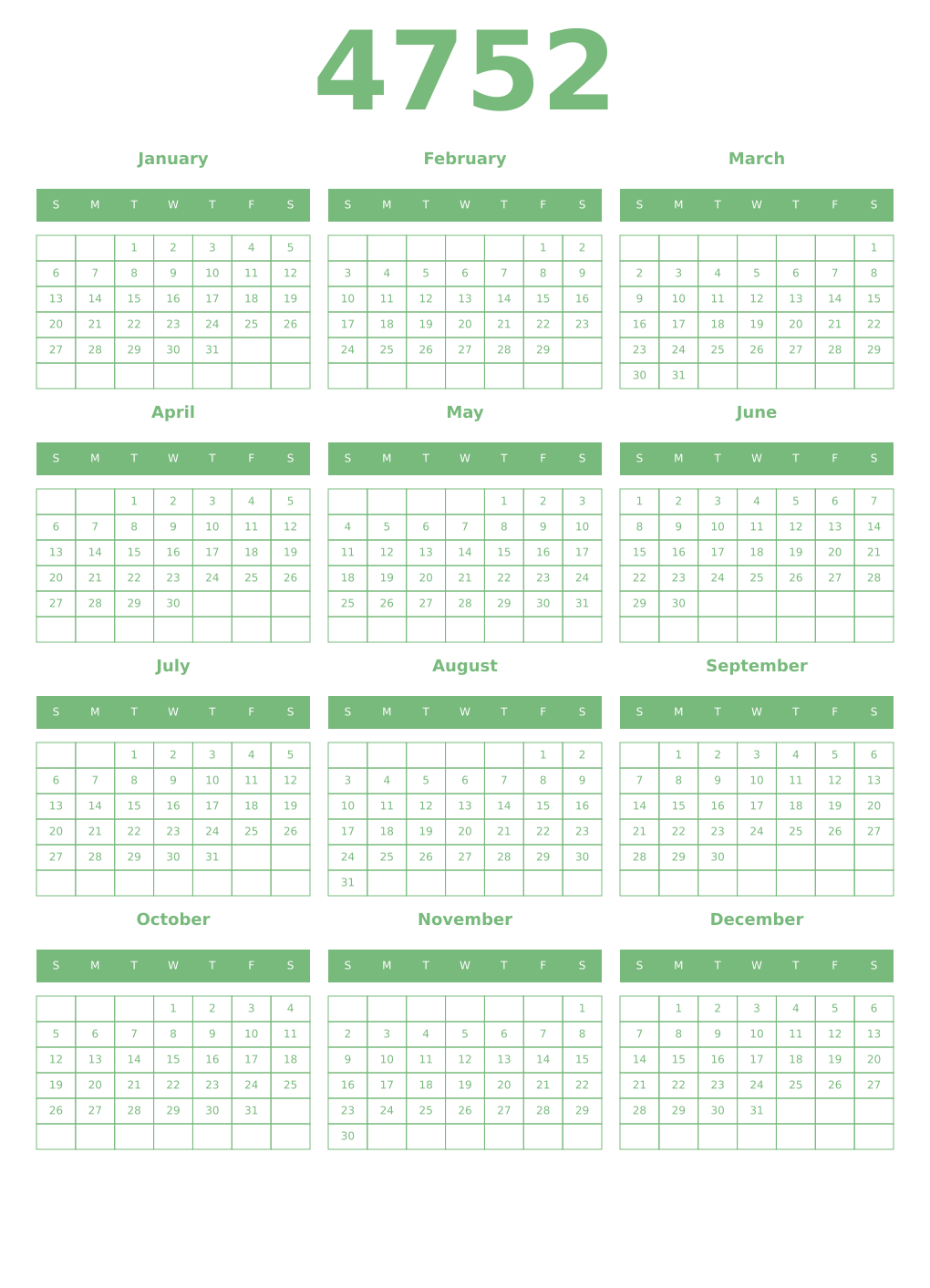 Printable 4752 Year Calendars celadon
