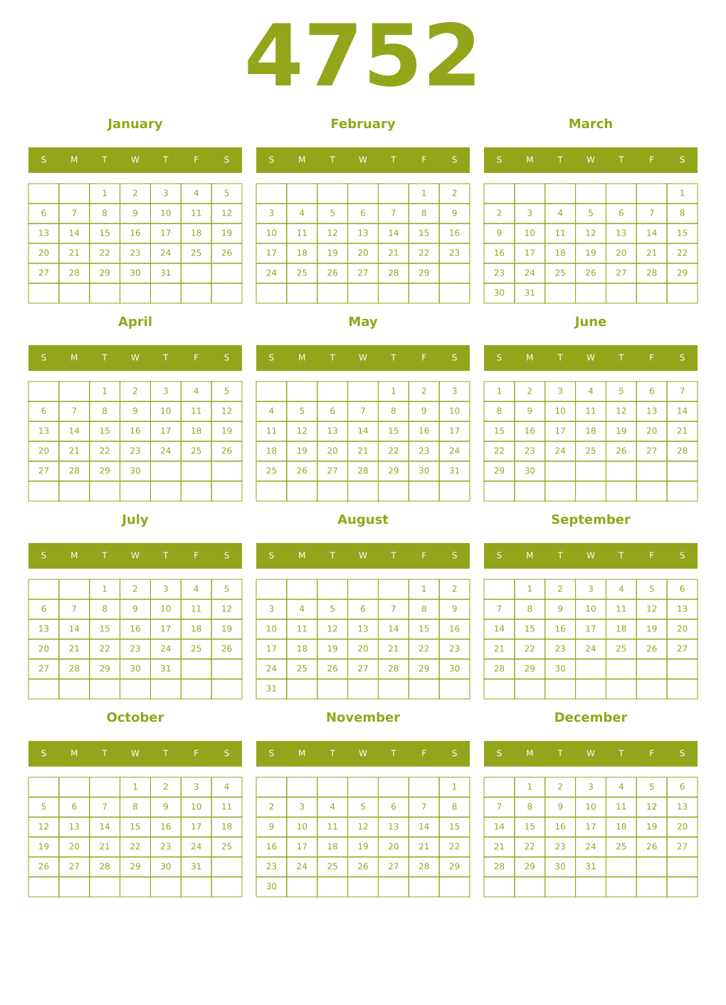 Printable 4752 Year Calendars chartreuse