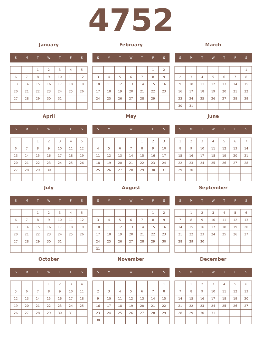 Printable 4752 Year Calendars coffe