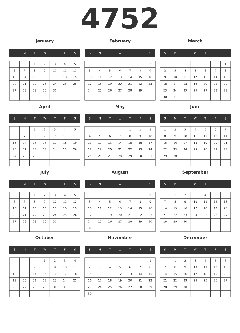 Printable 4752 Year Calendars dark