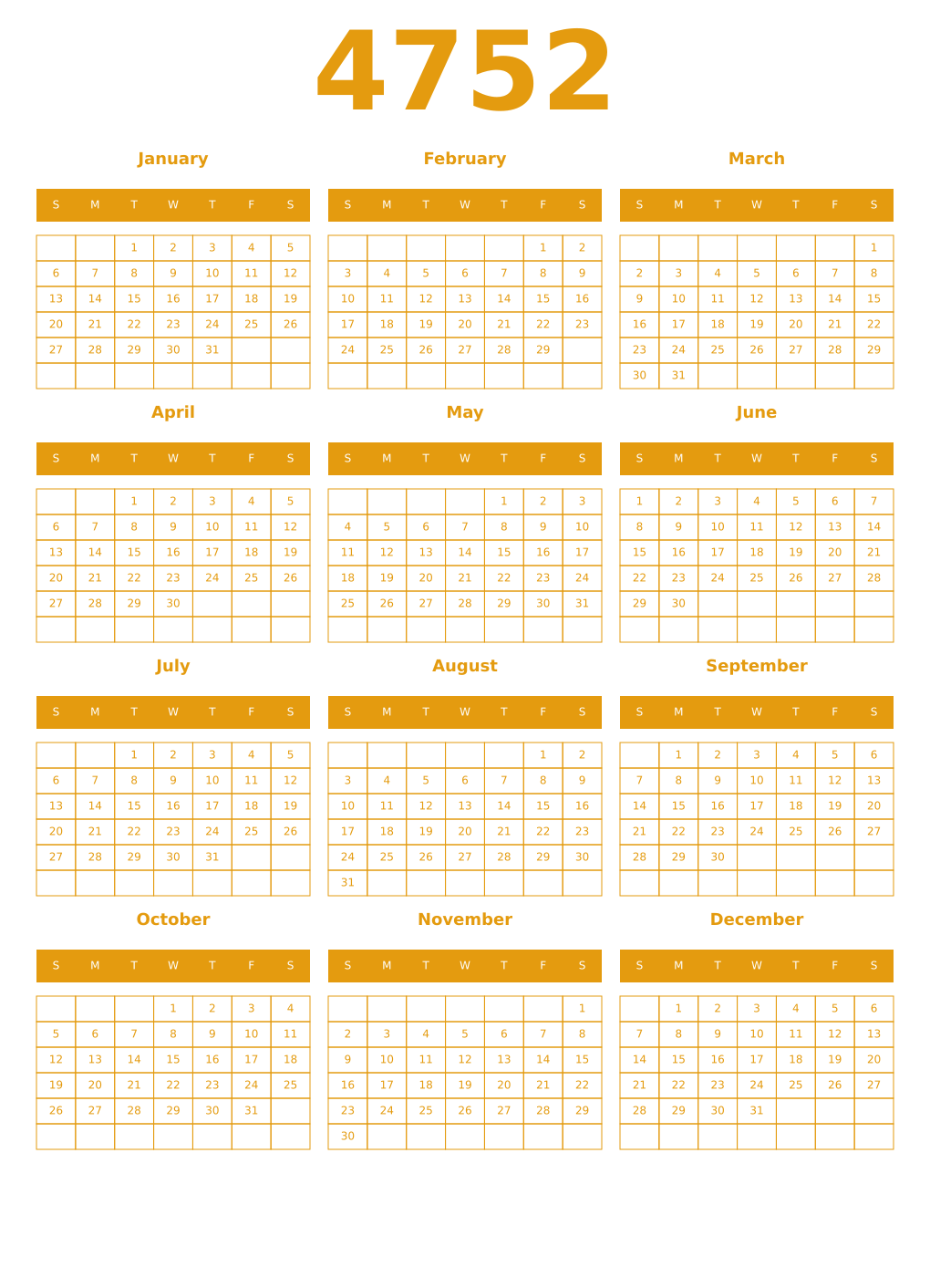 Printable 4752 Year Calendars gamboge