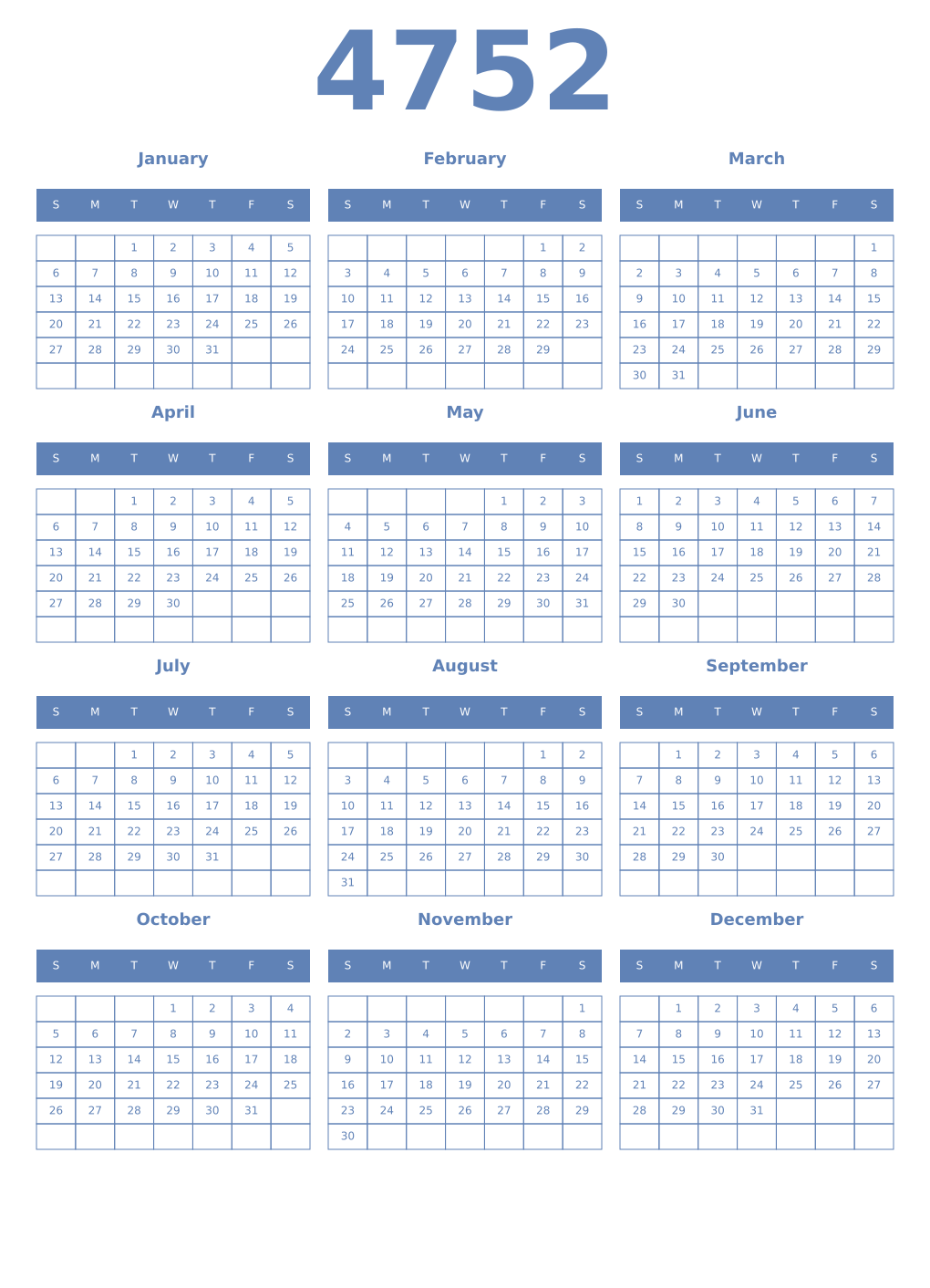 Printable 4752 Year Calendars glaucous