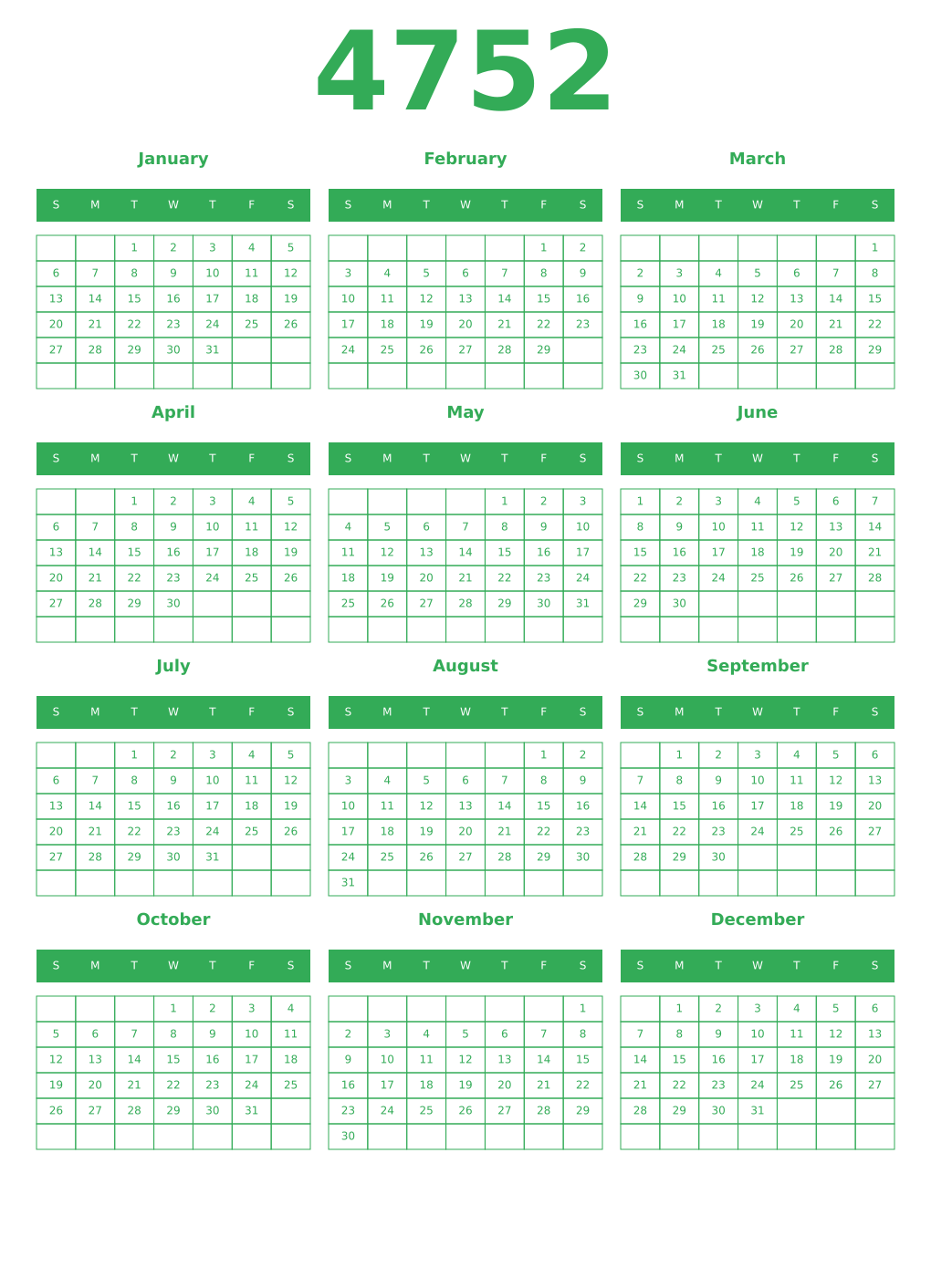 Printable 4752 Year Calendars green