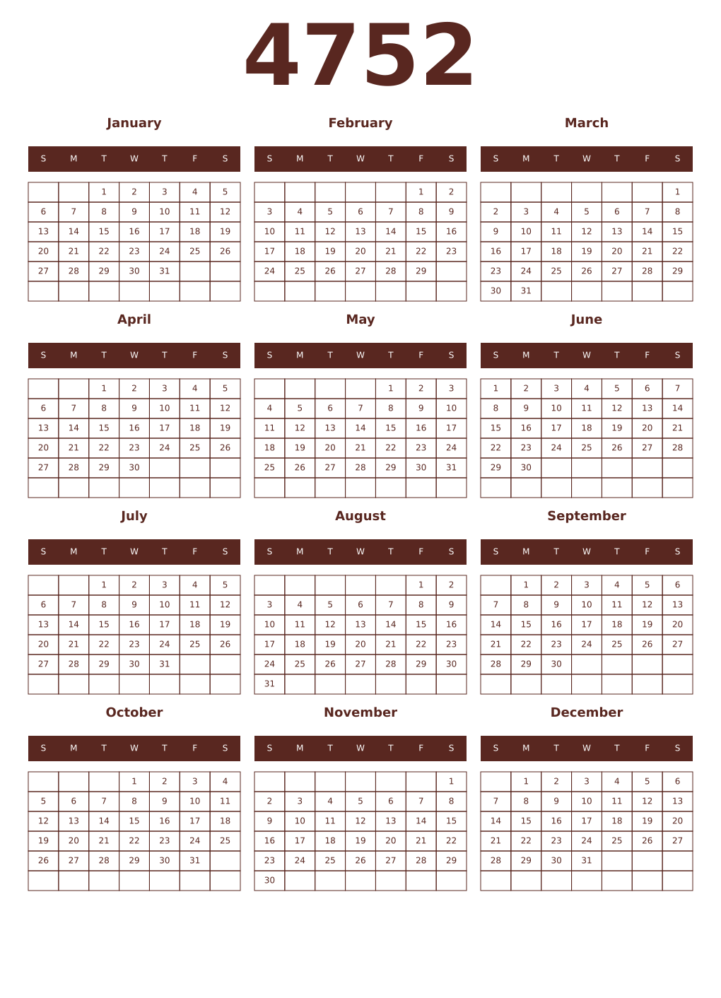 Printable 4752 Year Calendars mortuum