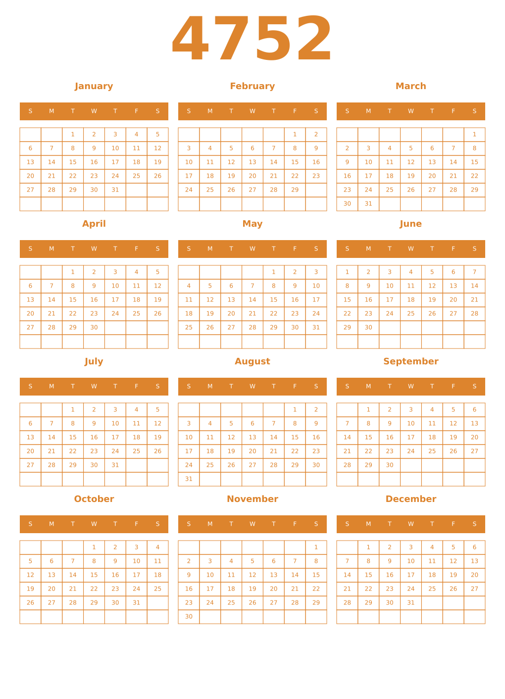 Printable 4752 Year Calendars orange