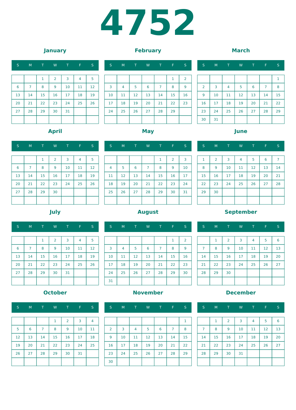 Printable 4752 Year Calendars pastel