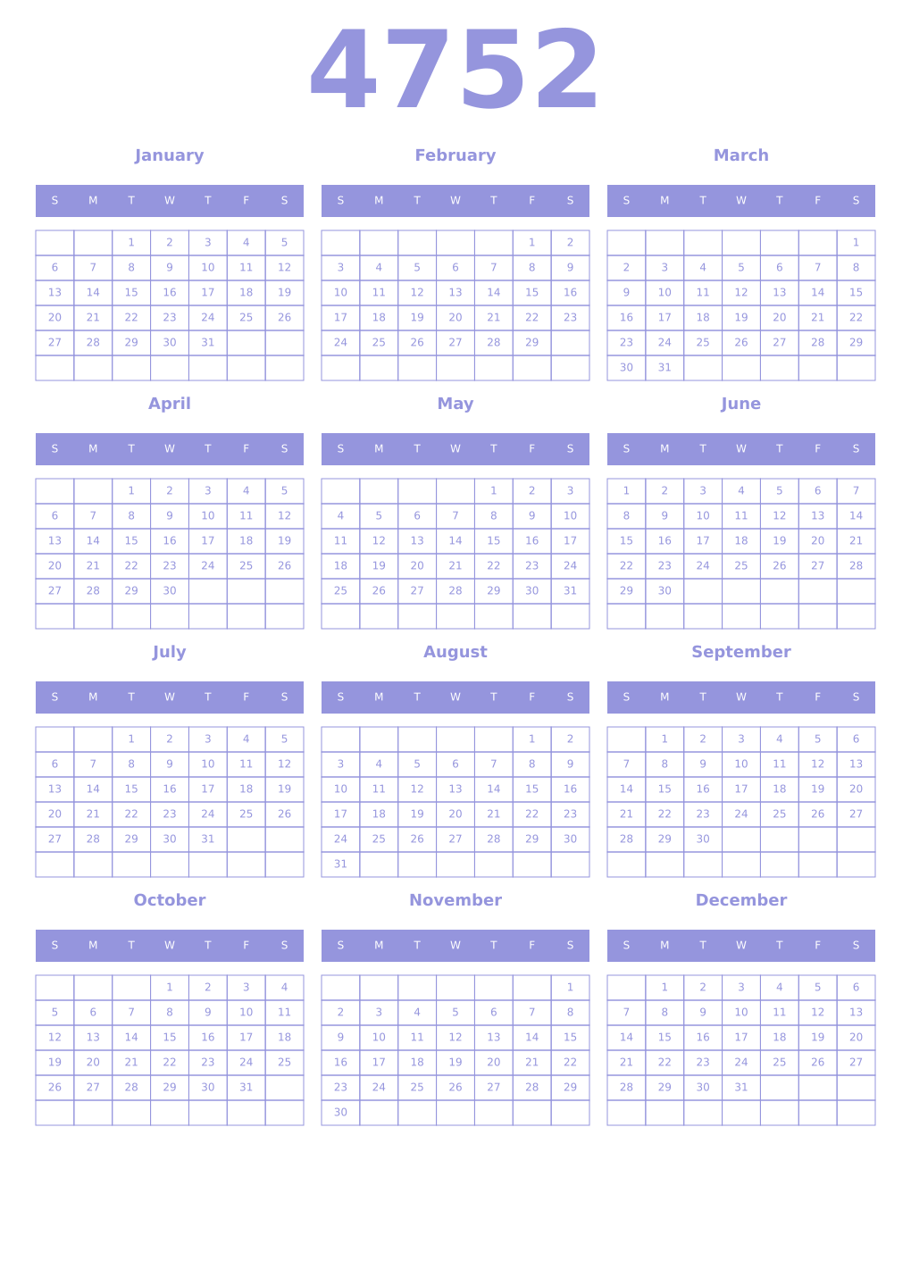 Printable 4752 Year Calendars periwinkle