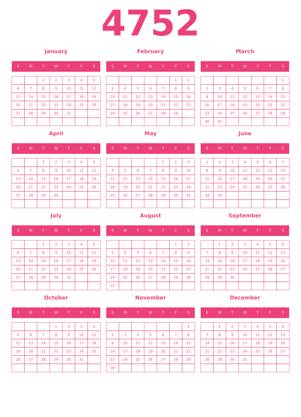 Printable 4752 Year Calendars pink