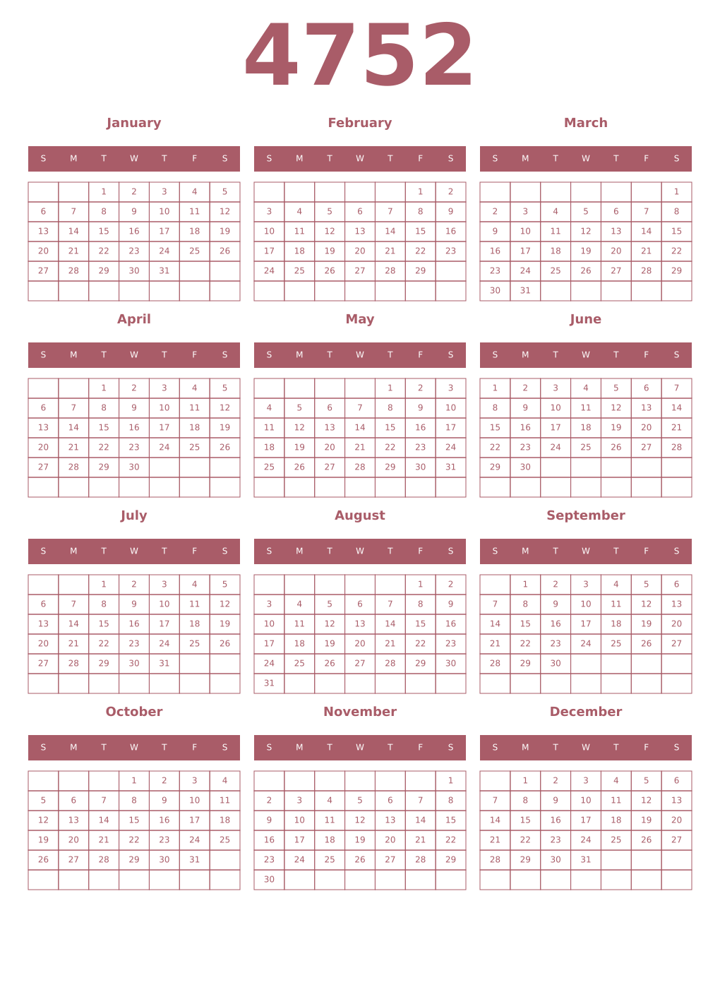 Printable 4752 Year Calendars puce