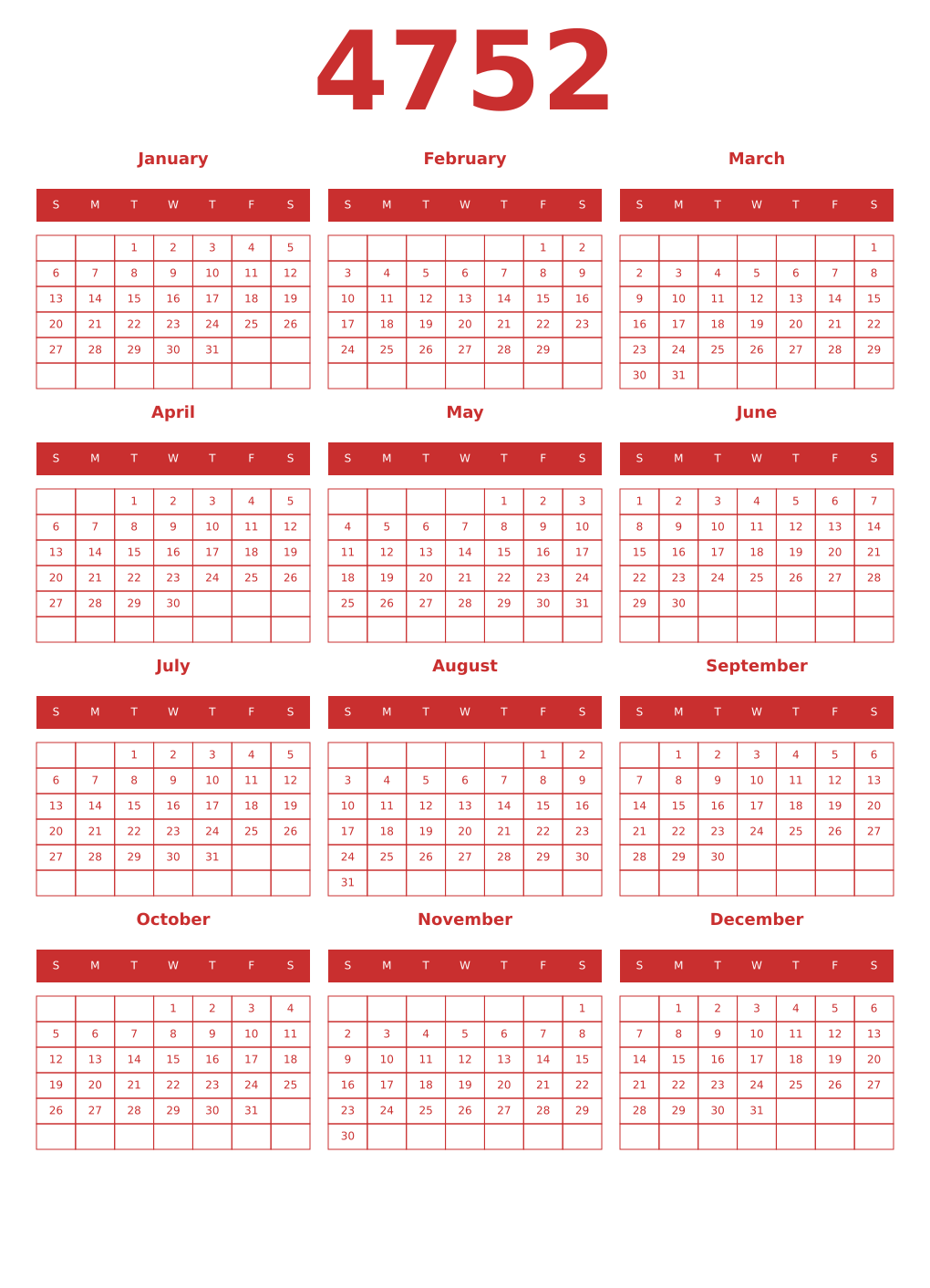 Printable 4752 Year Calendars red