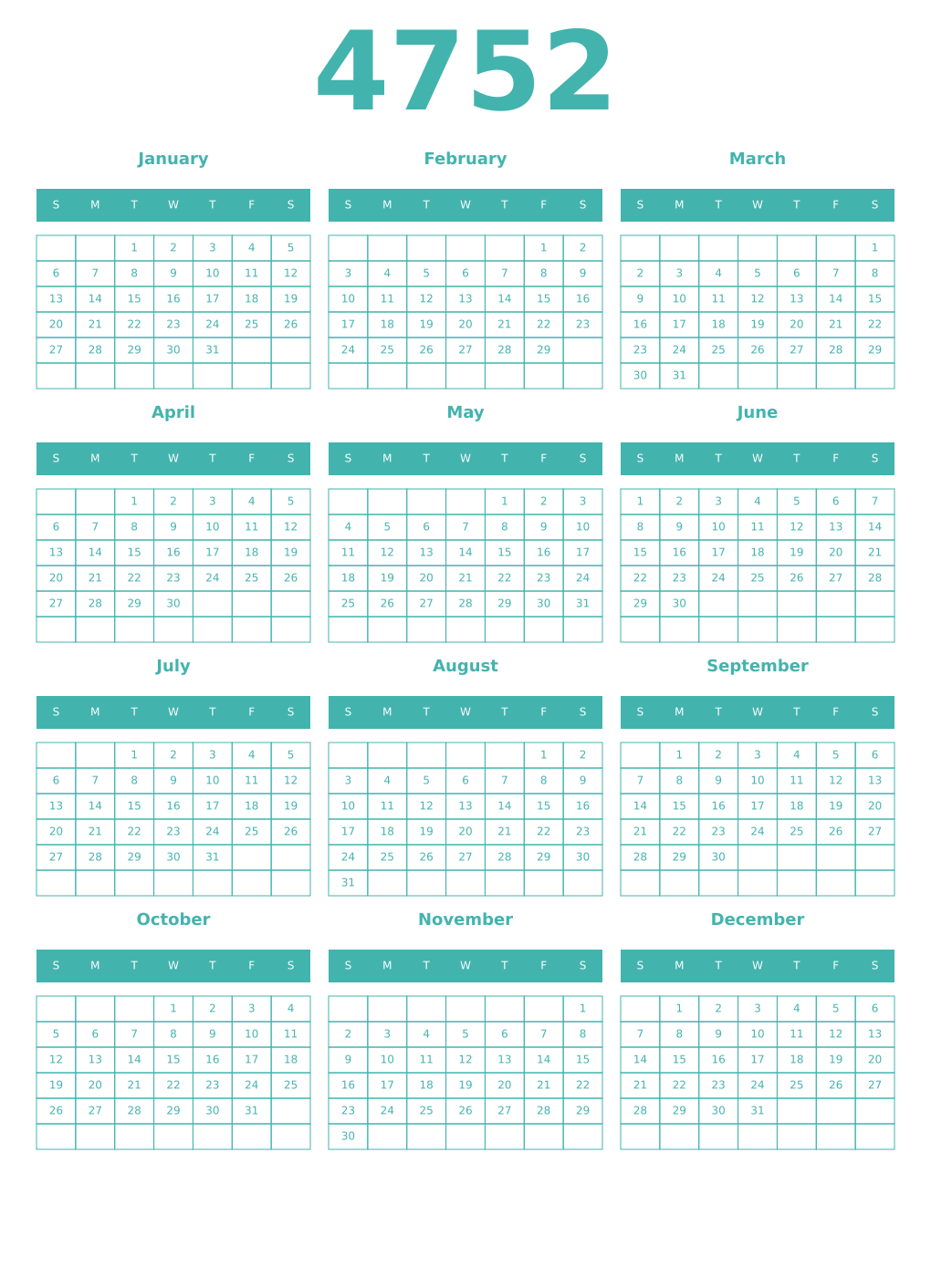 Printable 4752 Year Calendars verdigris