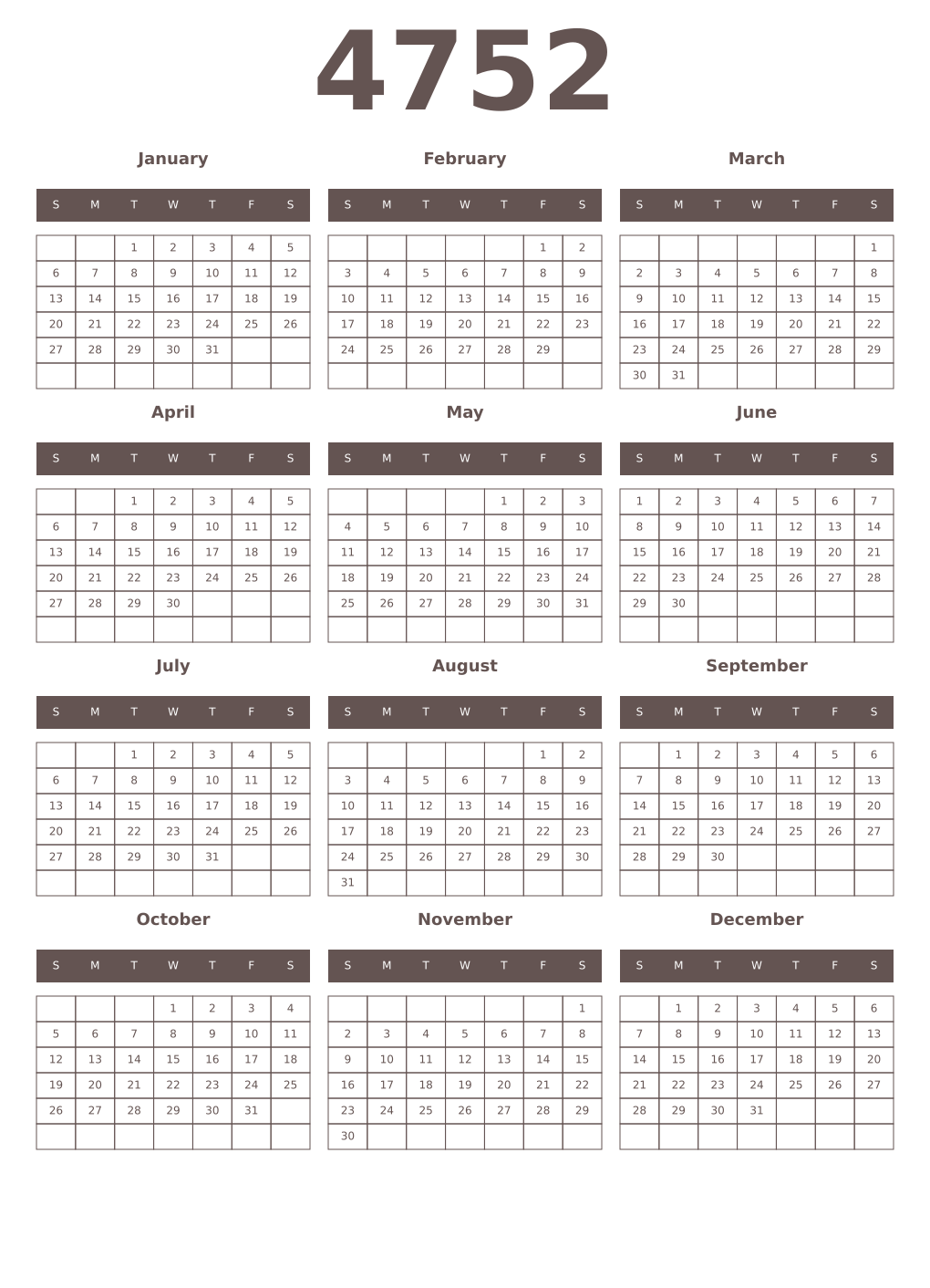 Printable 4752 Year Calendars wenge