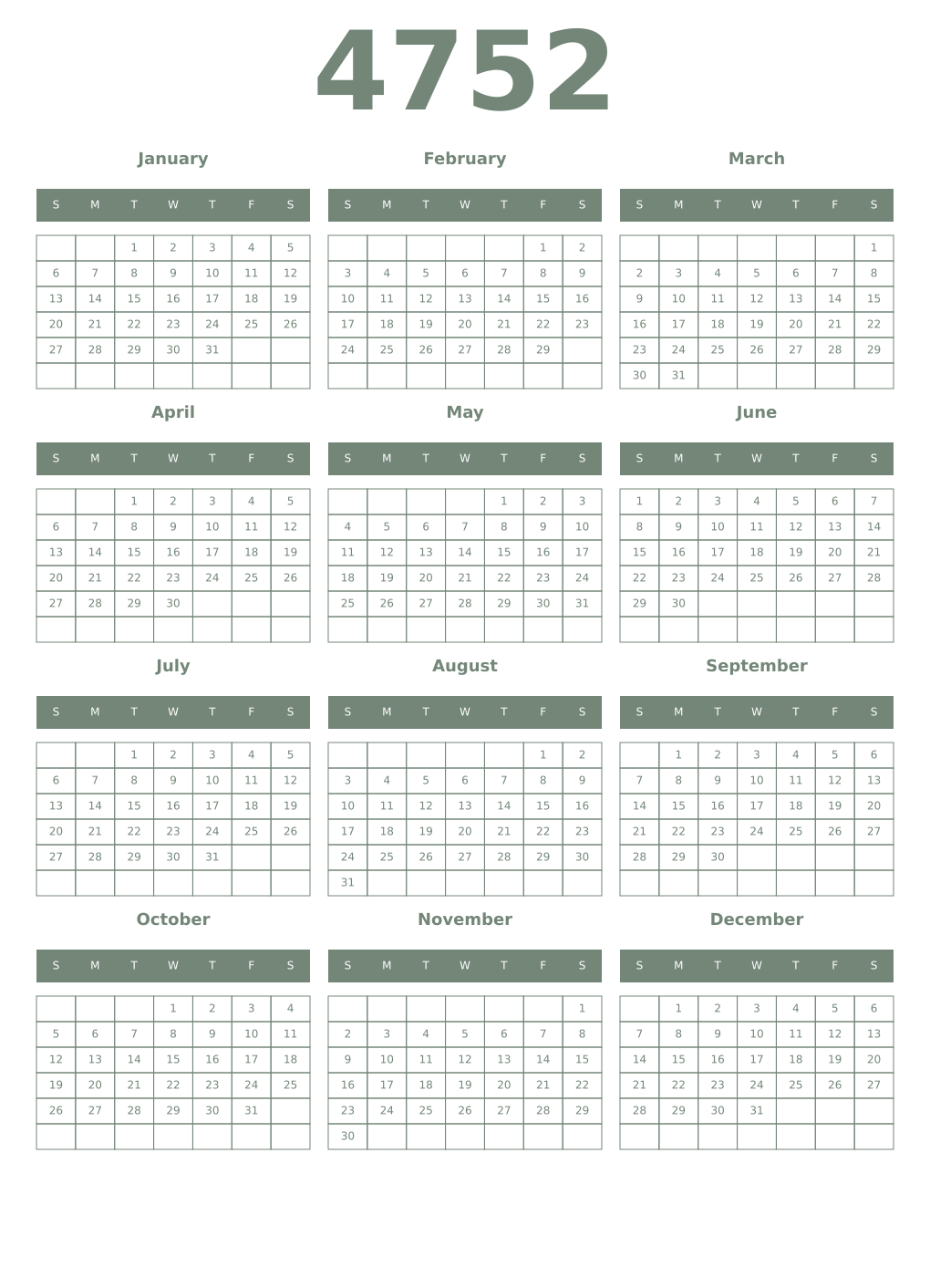Printable 4752 Year Calendars xanadu
