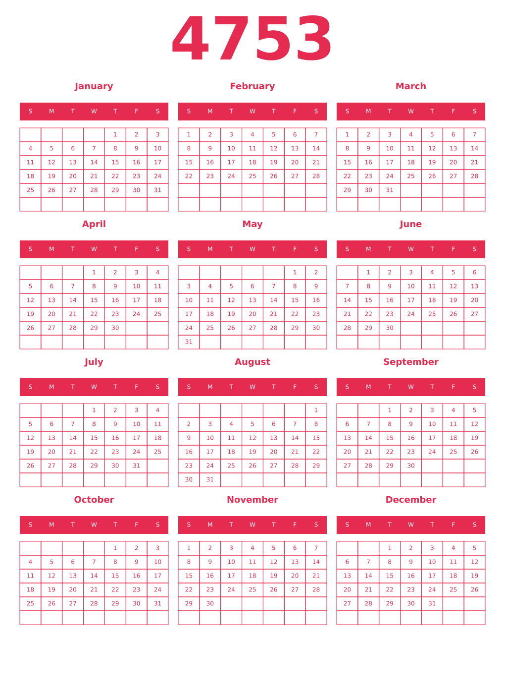 Printable 4753 Year Calendars amaranth