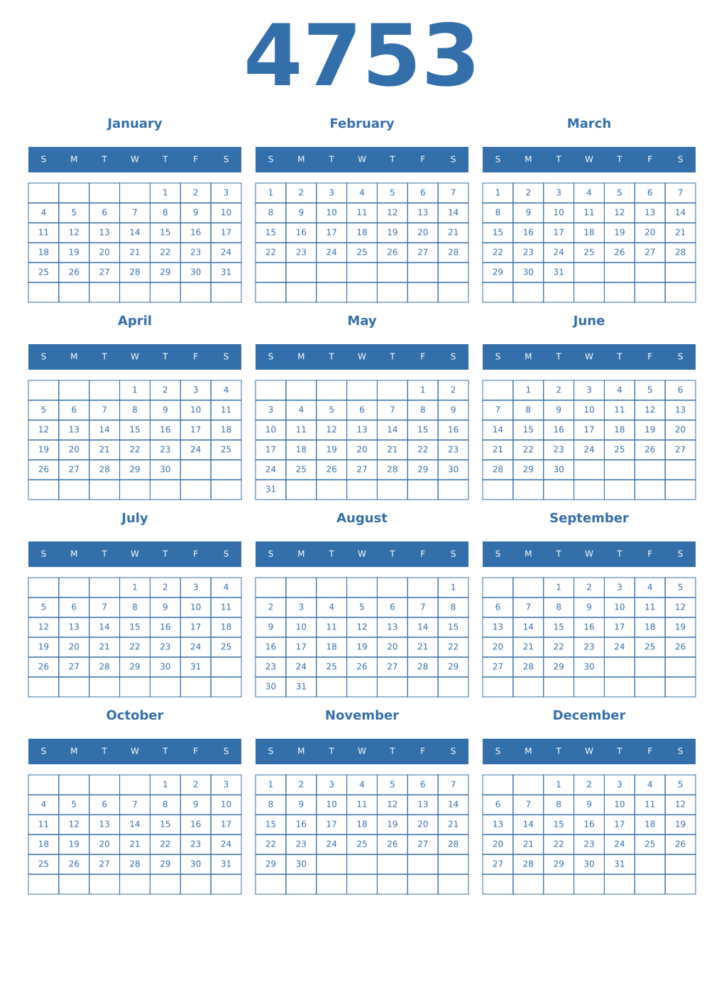 Printable 4753 Year Calendars blue