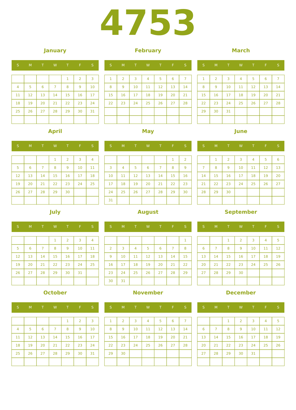Printable 4753 Year Calendars chartreuse