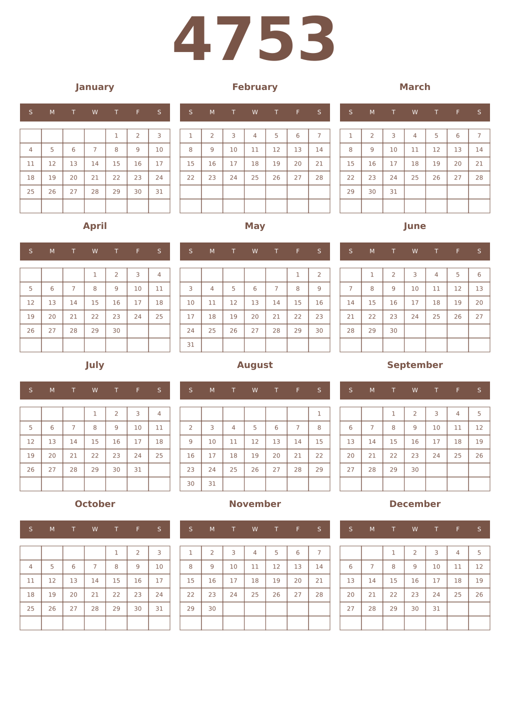 Printable 4753 Year Calendars coffe