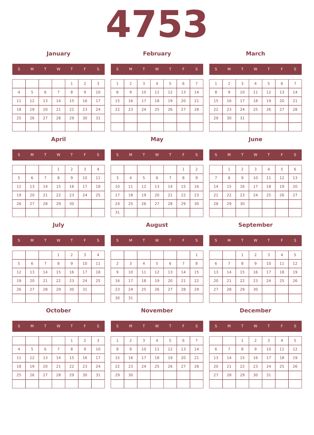 Printable 4753 Year Calendars cordovan