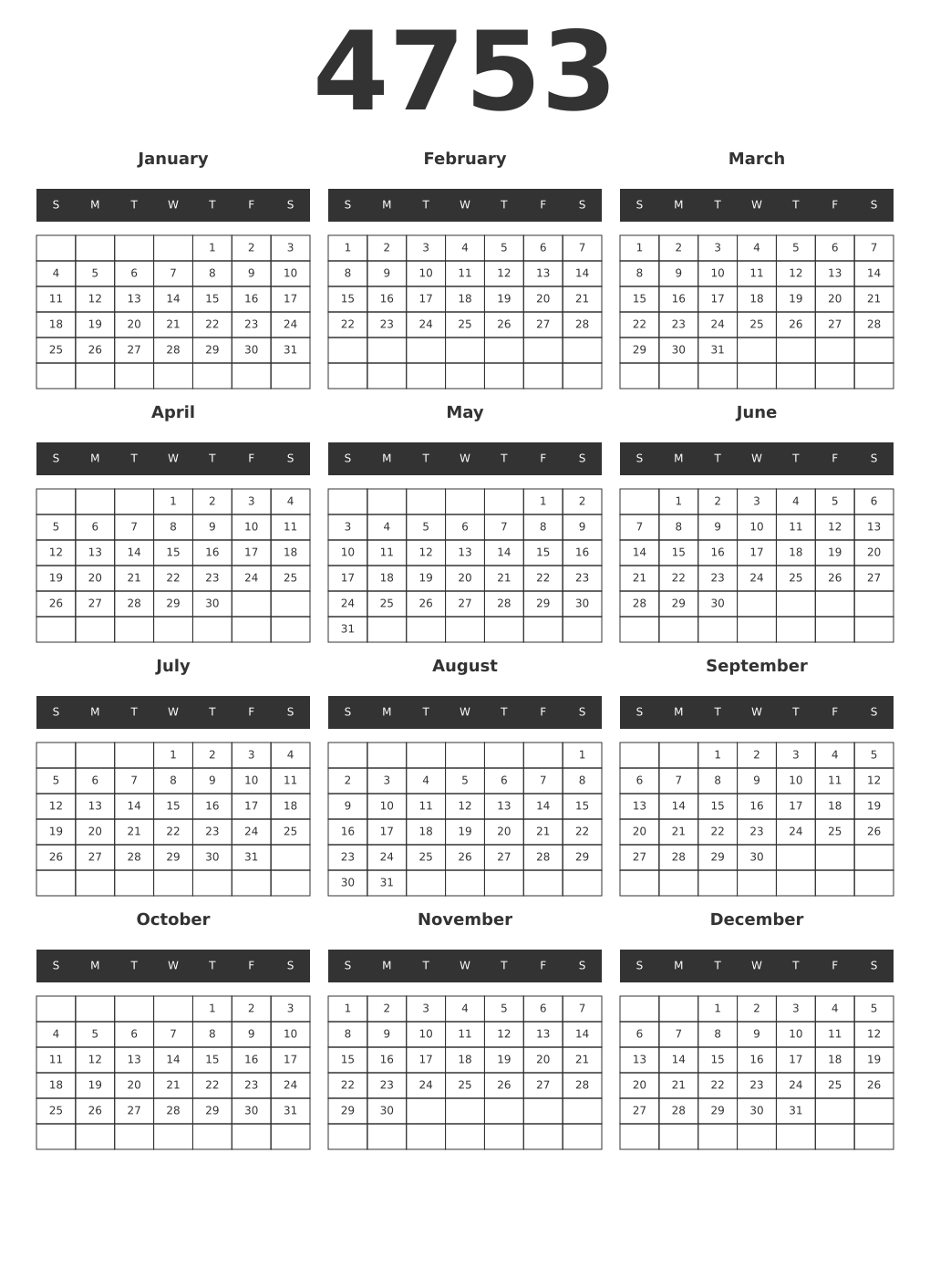 Printable 4753 Year Calendars dark