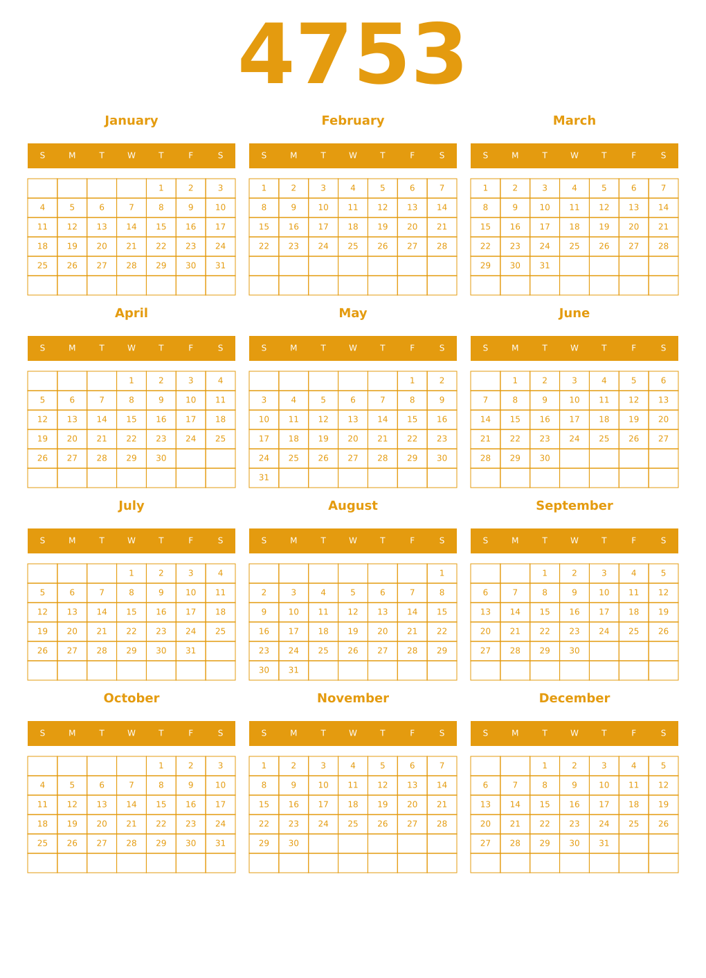 Printable 4753 Year Calendars gamboge