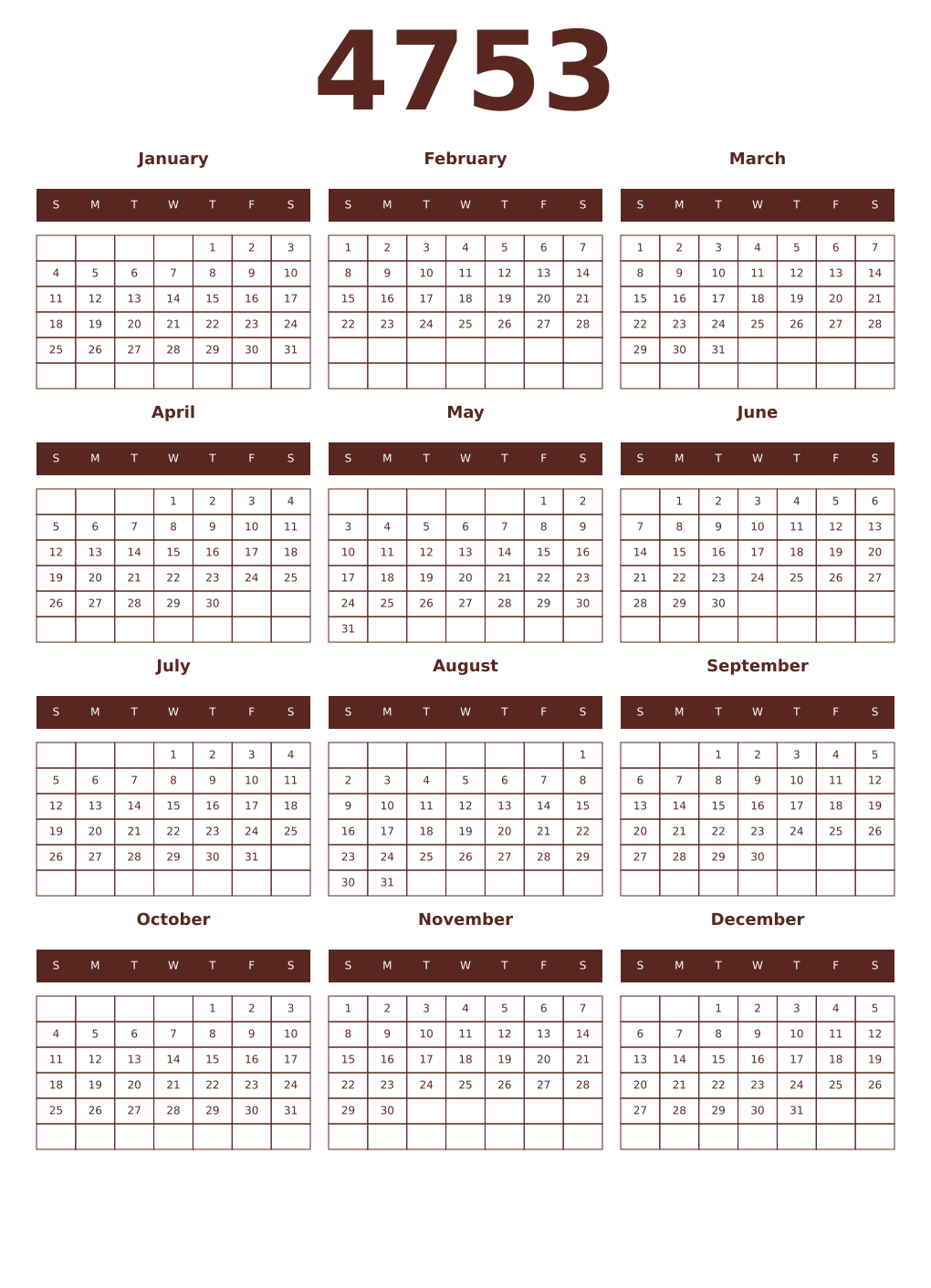 Printable 4753 Year Calendars mortuum
