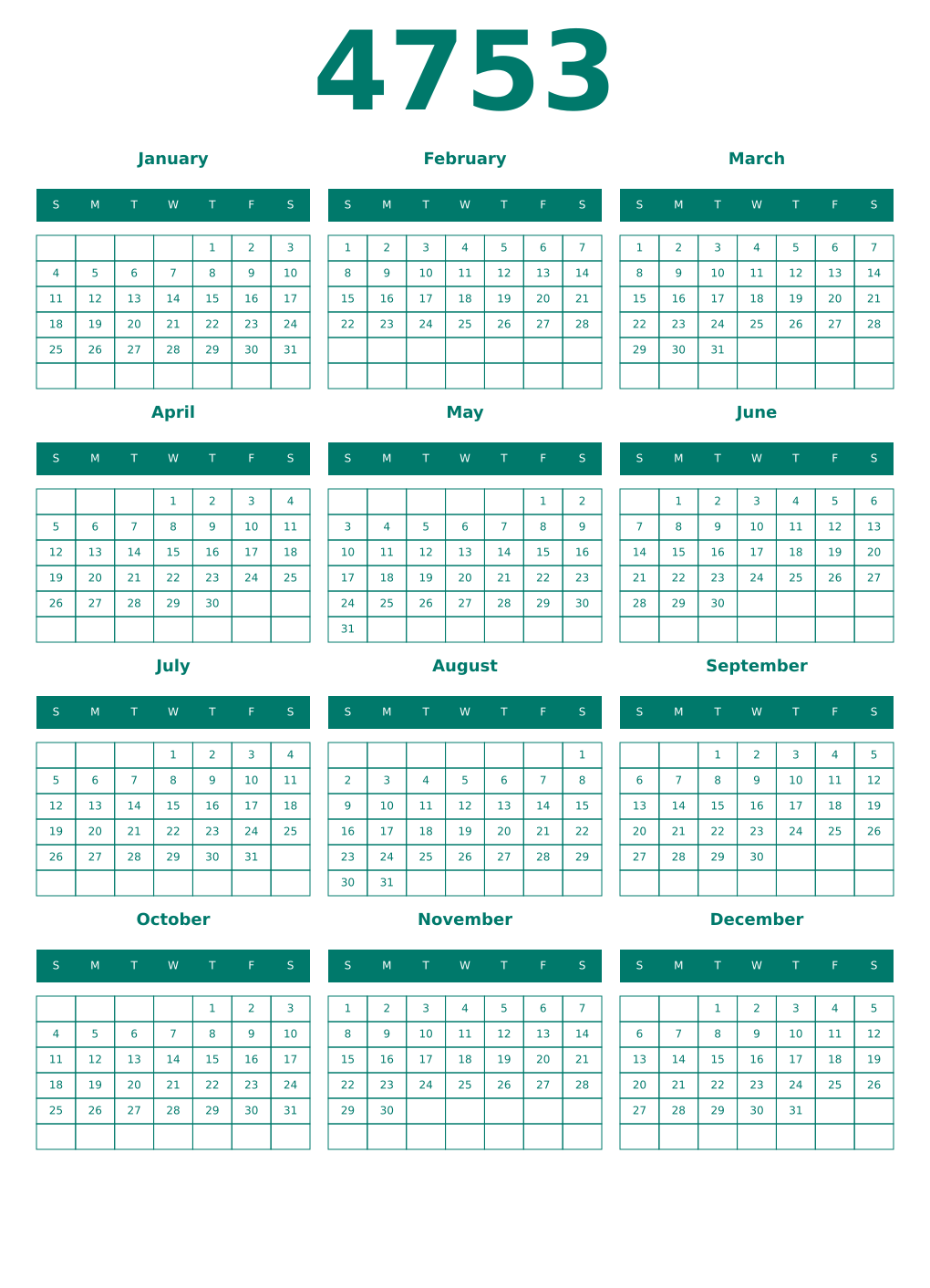 Printable 4753 Year Calendars pastel