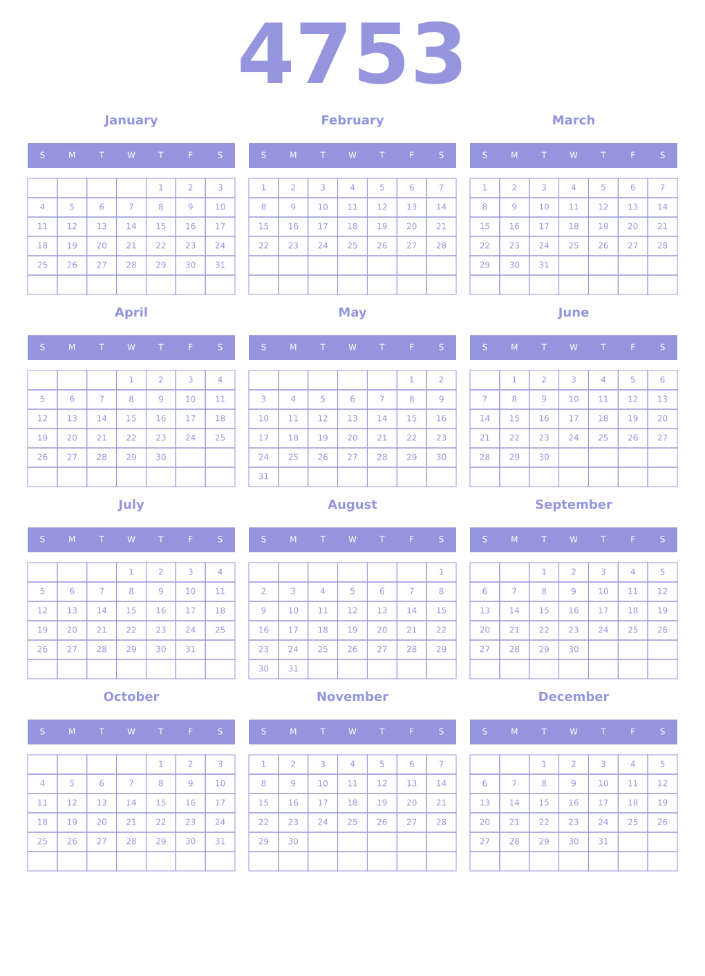 Printable 4753 Year Calendars periwinkle